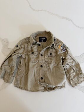 H&M Tan Button-Up Shirt with Patch Detail